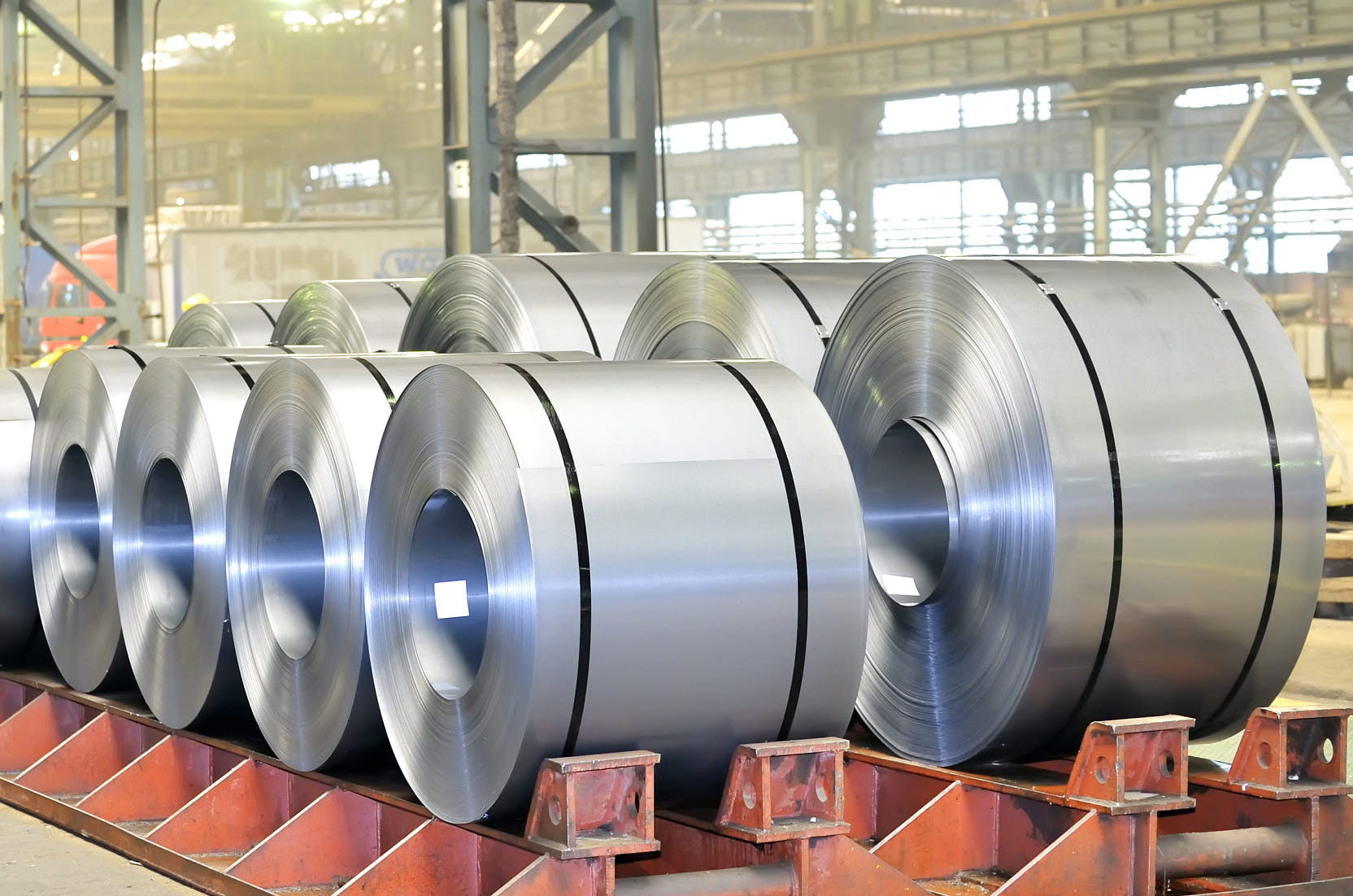 rolls of steel sheet in a warehouse